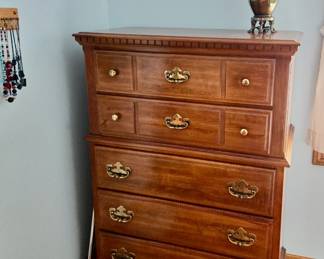 5-Drawer High-Boy Bedroom Chest; Vintage Brass Lamp; Costume Jewelry