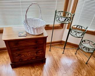 Oak Wood 4-Drawer Cabinet Chest; Wicker Basket; Multi-Tier Green Painted Wrought Iron Plant Stand
