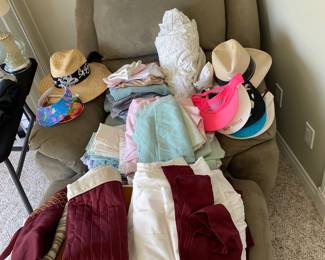 chaise lounge, hats, bed sheets