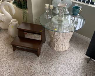 swan, vase, step ladder, side table, glassware, candle holders