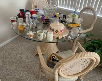dining table with 4 chairs, glassware, kitchenware