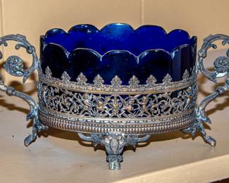 Cobalt Glass / Silver Plate Bowl