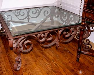 MID CENTURY CAST IRON / GLASS TOP COFFEE TABLE