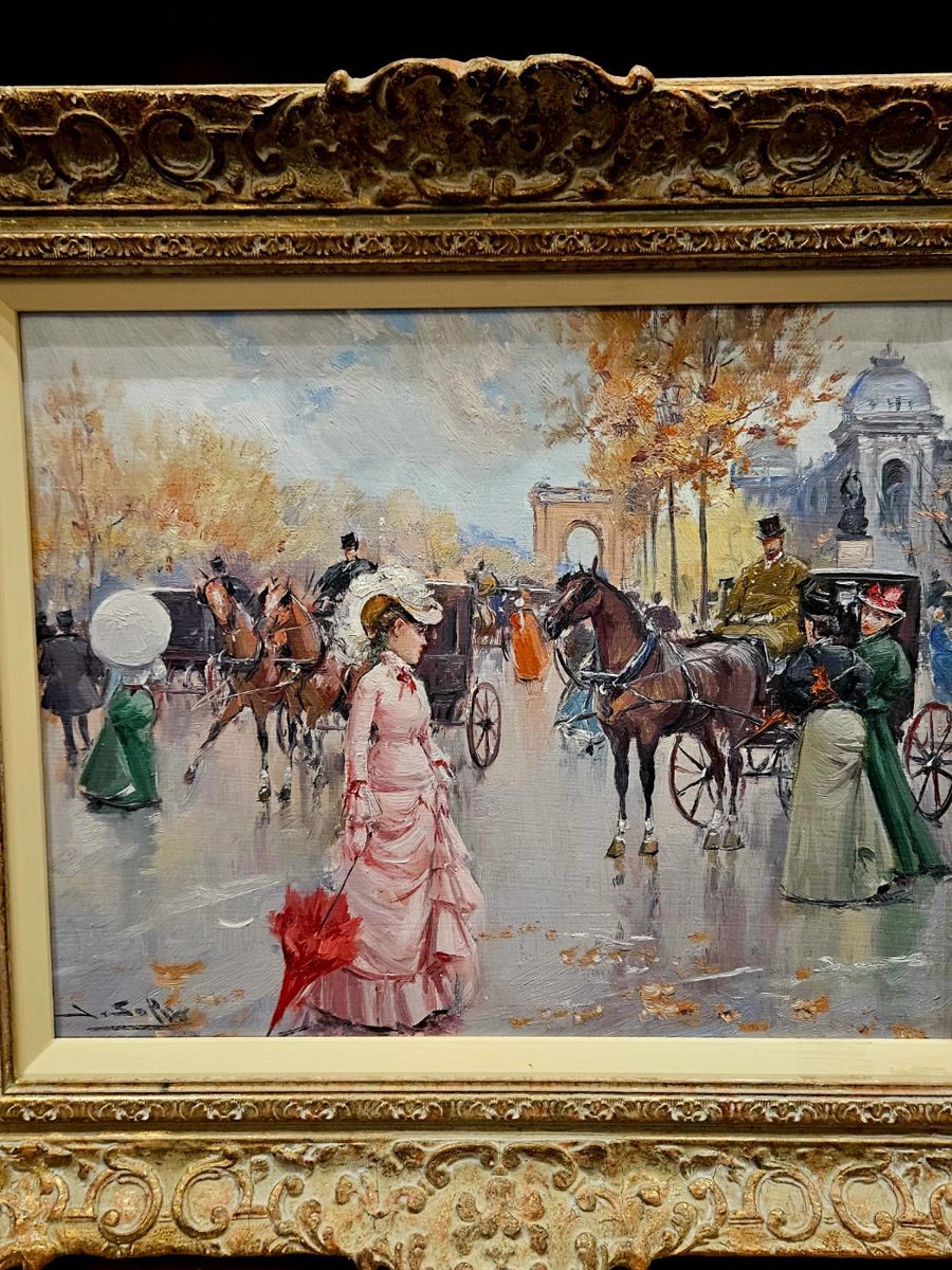 J. SOLER Spanish artist oil on canvas in amazing frames, Belle Epoch street scene