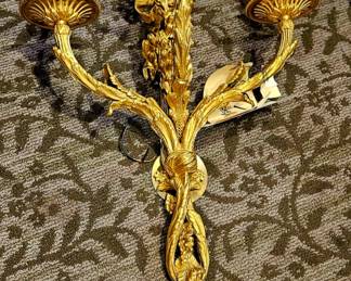 Mid 19th c. French Louis XVI bronze gold dore wall sconce [1] 16w x 8d x 26 h