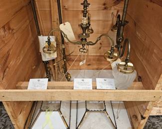 Lighting fixtures, Edwardian, all hanging brass w glass shades