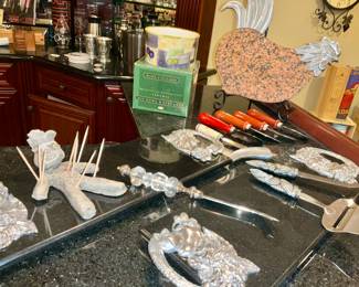 Marble cheese boards, cheese knives, patee knives, toothpick holder