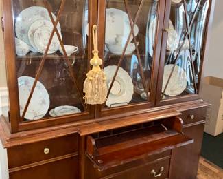 Mahogany, cabinet, w/ desk.  convex glass doors.   Haviland China, "Annette". 33 pieces