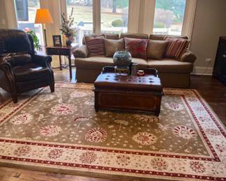 Henredon Sofa, Leather top  coffee table w\storage.  Area Rug, Terrarium , Walter E. Smithe  Leather Reciner 