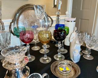 Waterford stemware, Lismore.  Silverplate serving pieces, Czech colored crystal stemware.  Waterford decanters, pitchers and serving pieces