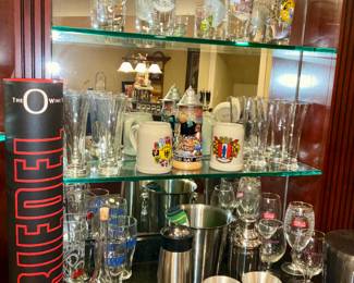 Reidel, wine tumbler set. German beer steins . Artina pewter cups, 