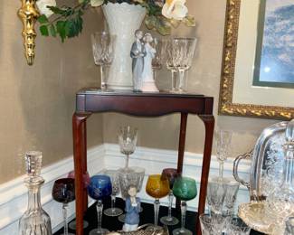 Waterford stemware, Lismore.  Silverplate serving pieces, Czech colored crystal stemware.  Waterford decanters, pitchers and serving pieces