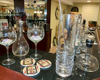 Global views, martini pitcher. Modern ships decanter, bar ware. Etched. Ar glasses.