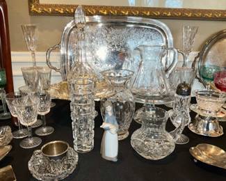 Waterford stemware, Lismore.  Silverplate serving pieces, Czech colored crystal stemware.  Waterford decanters, pitchers and serving pieces