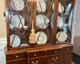 Mahogany, cabinet, w/ desk.  convex glass doors.   Haviland China, "Annette". 33 pieces