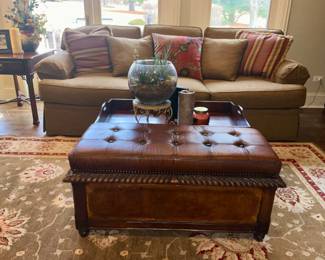Henredon Sofa, Leather top  coffee table w\storage.  Area Rug, Terrarium 