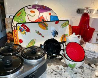 3 pot, Crock Pot, dip pots.  Clay Art, "Grill Time"