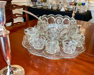 Punch bowl, 15 pc set.  Tiffin Franciscan, clear glass, moon & stars . 12 glassesand underplate
