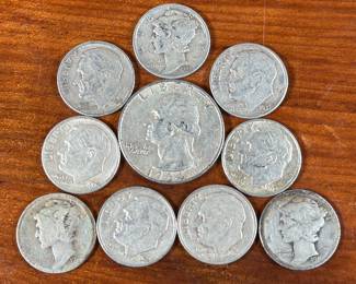 A collection of 90% silver coins including a 1964 quarter, six Roosevelt silver dimes, & three Mercury dimes in the years 1916, 1923, & 1944.