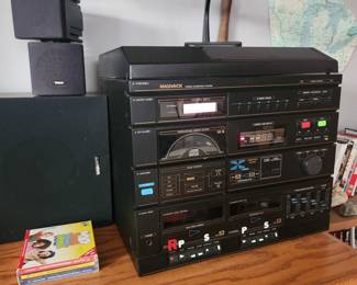 Stereo system with speakers.