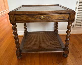 C27- $250.  Baker Furniture English Barley Twist Oak, Caned Bottom Tea Table. Single Drawer. Measures  26" wide x 26" deep x 24" tall. 