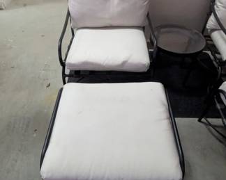 C39- $600 Brown Jordan Patio set. Table w/umbrella, 5 Chairs, 2 ottomans and side table.  Good sturdy condition needs a cleaning and a few chairs need to be re painted. 