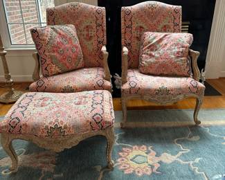 C29- $125 Pair. Solid Frame Chairs and Ottoman.  One has minor tear in the seat.  Measures 29" wide x 25" deep x 42" tall. Ottoman measures 29" wide x 20" deep x 15" tall. 