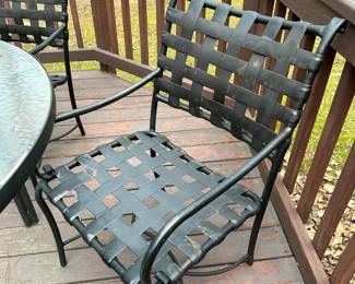 C39- $600 Brown Jordan Patio set. Table w/umbrella, 5 Chairs, 2 ottomans and side table.  Good sturdy condition needs a cleaning and a few chairs need to be re painted. 