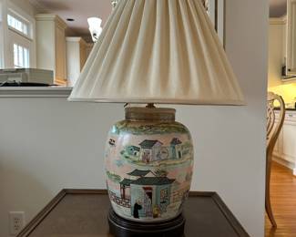 C30- $100.   Large Porcelain Asian Themed Lamp, needs new shade. Measures 29" Tall. 