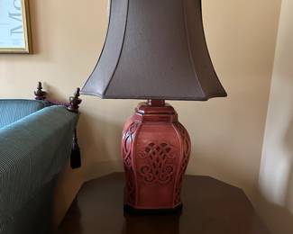 C33-$30.  Ceramic Ornate Lamp. Minor chip on back bottom. Measures 30.5" Tall. 