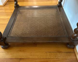 C27- $250.  Baker Furniture English Barley Twist Oak, Caned Bottom Tea Table. Single Drawer. Measures  26" wide x 26" deep x 24" tall. 