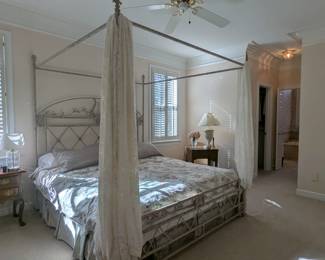 C46 - $250.  King Size Metal Canopy bed. Measures 71.5" wide x 86" long x 85" tall. You can take mattress or we can trash it. 