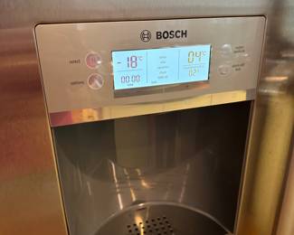 C59 - $500.  Bosch Stainless Refrigerator. Works great! Stainless is in great condition - 1 minor dent. Measures 35.5" wide x 27.5" deep x 69" tall. Please have help to move! Located right inside the garage door - will need to go down 5 steps to load. 