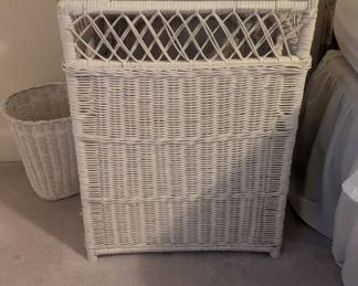 C75 - $45. Wicker Hamper. Currently used as a side table with thick glass over lay.  Measures 17.5" wide x 14" deep x 24" tall. 