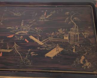 C61- $50. Asian End Table. Some Discoloration on bottom shelf. Heavy and well made.  Measures 32" wide x 22" deep x 18" tall. 