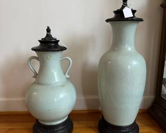 C24- $100 pair.  Maitland-Smith Teal Urns with Iron Bases & Lids.  Measures Small is 21" tall - Large is  27" tall. 