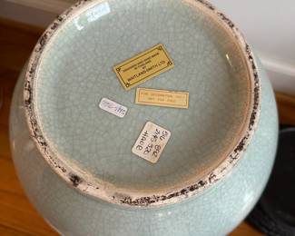 C24- $100 pair.  Maitland-Smith Teal Urns with Iron Bases & Lids.  Measures Small is 21" tall - Large is  27" tall. 