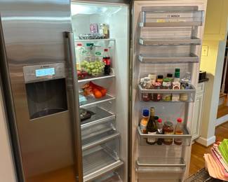 C59 - $500.  Bosch Stainless Refrigerator. Works great! Stainless is in great condition - 1 minor dent. Measures 35.5" wide x 27.5" deep x 69" tall. Please have help to move! Located right inside the garage door - will need to go down 5 steps to load. 
