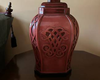 C33-$30.  Ceramic Ornate Lamp. Minor chip on back bottom. Measures 30.5" Tall. 