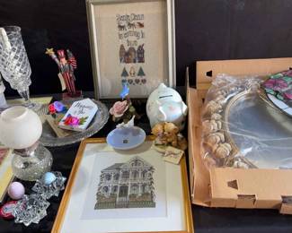 Cross Stitch Art, Crystal Hurricane Candle, Cast Iron Patriot, Mary Engelbreit Print, German Dish 