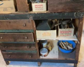 Vintage Wooden Tool Work Bench With Lots Of Old Tools Parts 