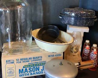 Vintage Cookware, Mason Jars, 5 Gal Glass Bottle More