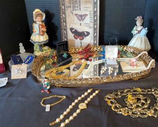 Vintage Costume Jewelry With Crystal Humming Birds, Holly Hobbie Figurine