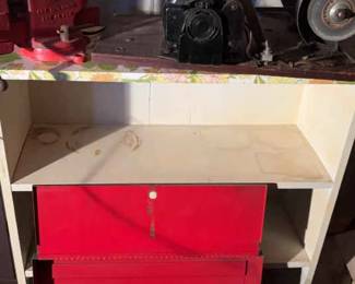 ElecVintage Grinder, Erie Tool Works Vice , Tool Box With Tools, Shelving Unit With Working electric