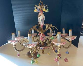Vintage Brass And Porcelain Chandelier 