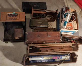 Vintage Antique Wooden Tool Boxes And Craftsman Creeper Seat Plus Extension Cords 