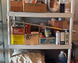 Plastic Shelving Unit With Various Painting Items 