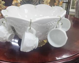 Milk glass punch bowl set