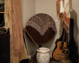 1920's lace dresses. mahogany tilt top table, 70's Stella guitar