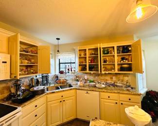 dishware including blue Colbalt, milk glass, Hazel Atlas, and Desert Rose